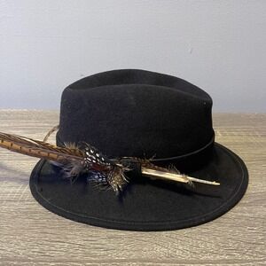Vintage Importina Womens Black Wool Fedora Hat Feather Trim Size 6 3/4
